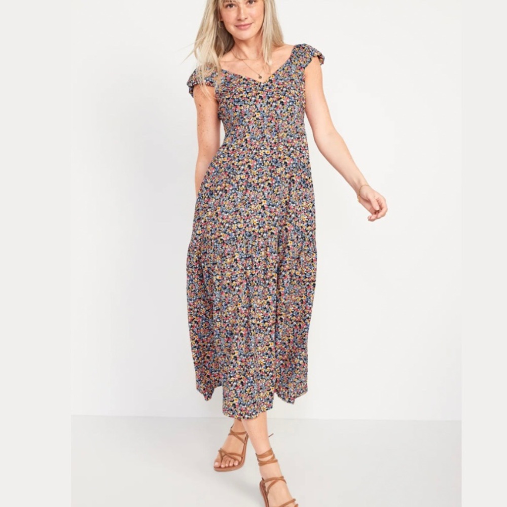 Old Navy Women's Blue Pink Floral Fit & Flare Tiered All-Day Maxi Dress - NWT